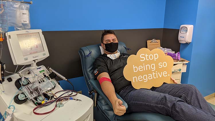 Gaven donating at Our Lady of Lourdes Donation Center.