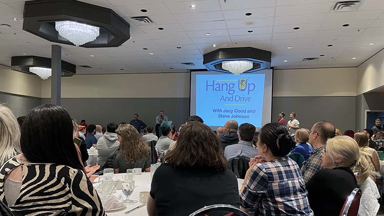 Jacy Good and Steve Johnson shared their story during a breakfast at Hotel Blackfoot for Pason employees in Calgary. Later that afternoon, the couple spoke to students at Notre Dame High School, organized by Pason.